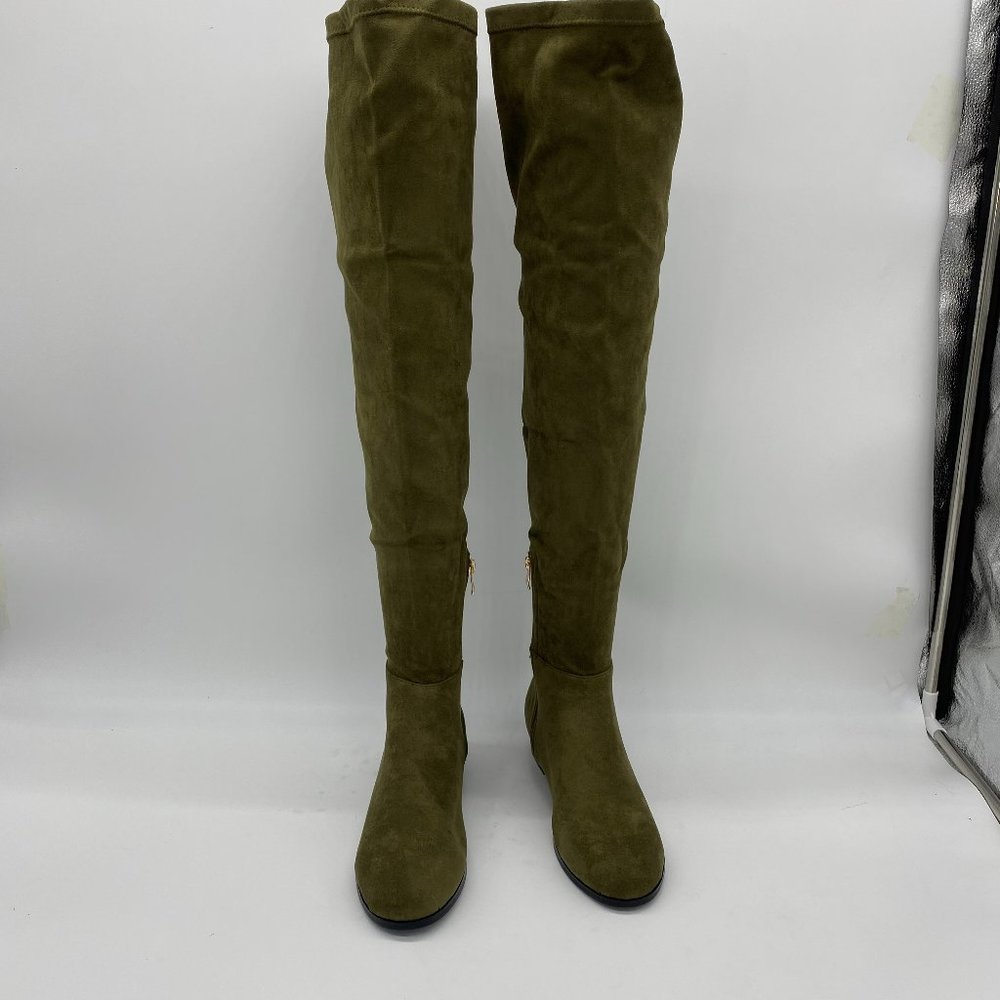 Olive Round Toe Flats Low Heel Long Boots Pumps